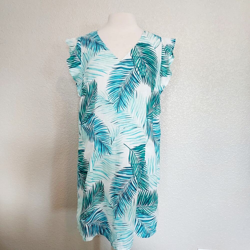 Teal Blue Palm Print  100% Linen Dress